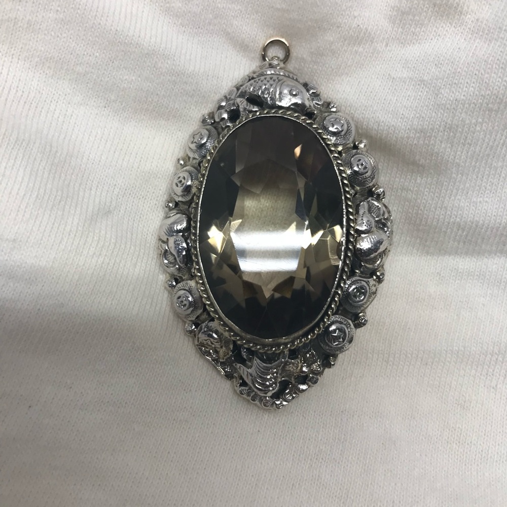 Large 1930s 14k Gold And Silver Topaz Fish Necklace Pin Enhancer Brooch